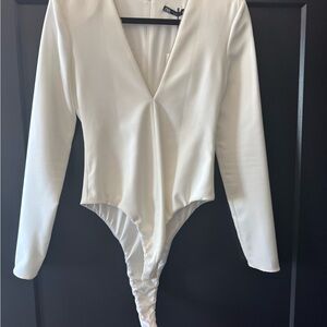 Zara White and Silver Bodysuit with Plunging V-Neckline